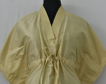 Cream Indian Vintage Silk Kaftan Top 100% Pure Silk Plus Size Women Night Wear Dress / Long Maxi Gown.