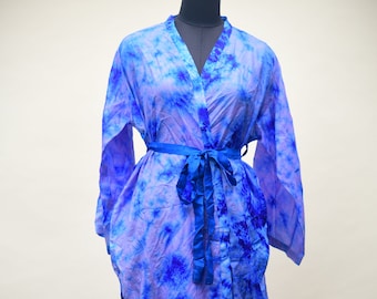 blue Long silk kimono robe, dressing gown, vintage kimono, bridal robe, boho kimono, lounge wear.