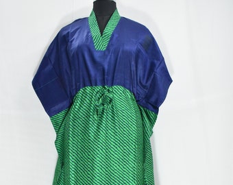 Vintage Silk Kaftan 100% Pure Silk Blue/Green Printed Women Wear  Long Maxi Gown Dress.