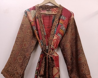 Colorful patchwork silk long Indian kimono robe lounge resort party festival wear pure sik sari upcycled dress one size.