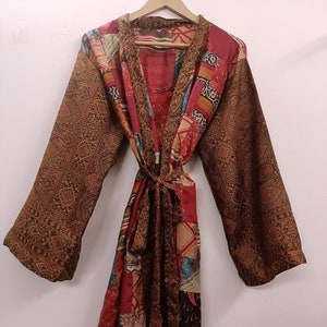 "Vibrant patchwork silk kimono with a kaleidoscope of colors"