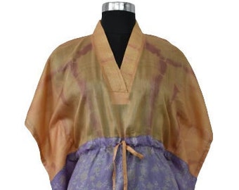 Vintage Silk Kaftan 100% Pure Silk purple and orange  Floral Mulberry Silk Plus Size Women Wear Dress / Long Maxi Gown.