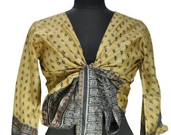 Bohemian Hippie Long Bell Sleeve Wrap Top With Front Tie, Yellow & Black Floral Pattern Festival Boho Fairy Goddess, summer Yellow.
