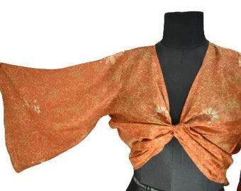 Bohemian vintage wrap  top, Floral silk dress , Summer top, Festival dress, bridal gift, orange top, one size, Free shipping from India