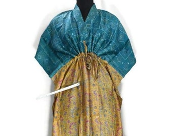 Harmony of Hues: Yellow/Green Vintage Silk Kaftan with Bandhani Print - 100% Pure Silk, 4XL