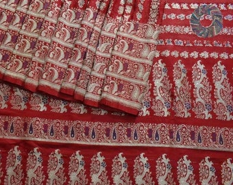 Vintage Satin Saree 100% Pure Silk Banarasi Sari Red Hand Woven Heavy Brocade Weave 5 Yard Indian Craft Fabric.