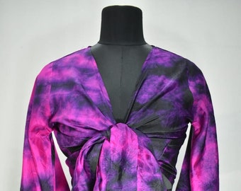 Bell sleeve top cropped bell pink & purple tie dye one size 70s silk