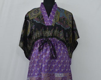 Vintage Silk Kaftan 100% Pure Mulberry Silk Purple Floral Hand Print / Plus Size Women Wear Dress / Long Maxi Gown.