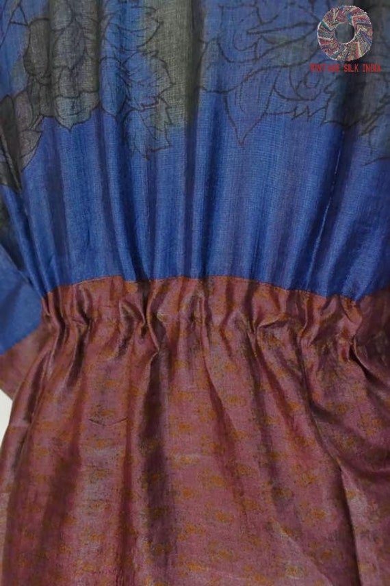 Vintage Silk Kaftan 100% Pure Silk Blue / Brown H… - image 5