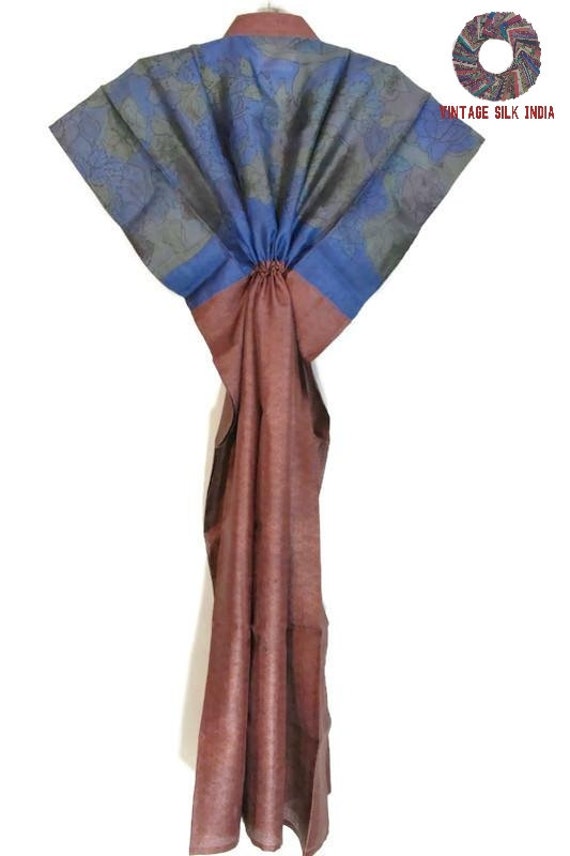 Vintage Silk Kaftan 100% Pure Silk Blue / Brown H… - image 10