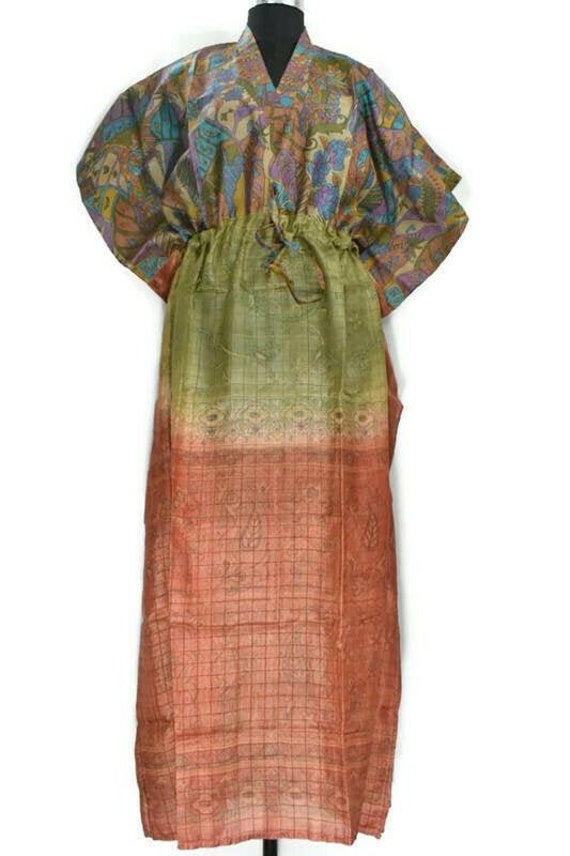 Vintage Silk Kaftan: Hand Printed Long Maxi Gown … - image 1