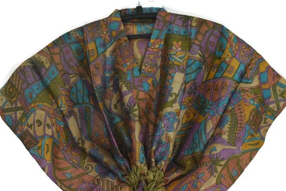 Vintage Silk Kaftan: Hand Printed Long Maxi Gown … - image 5