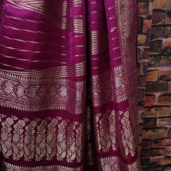 Vintage sari 100% Pure Silk Satin Saree Pink Banarasi Heavy Brocade Weave 5 Yard Indian Craft Fabric.