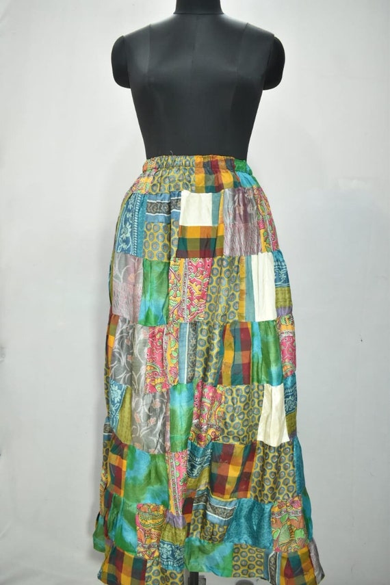 Boho Multicolor Skirt , Indian Patchwork Maxi Silk