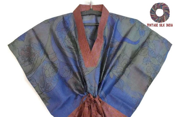 Vintage Silk Kaftan 100% Pure Silk Blue / Brown H… - image 9