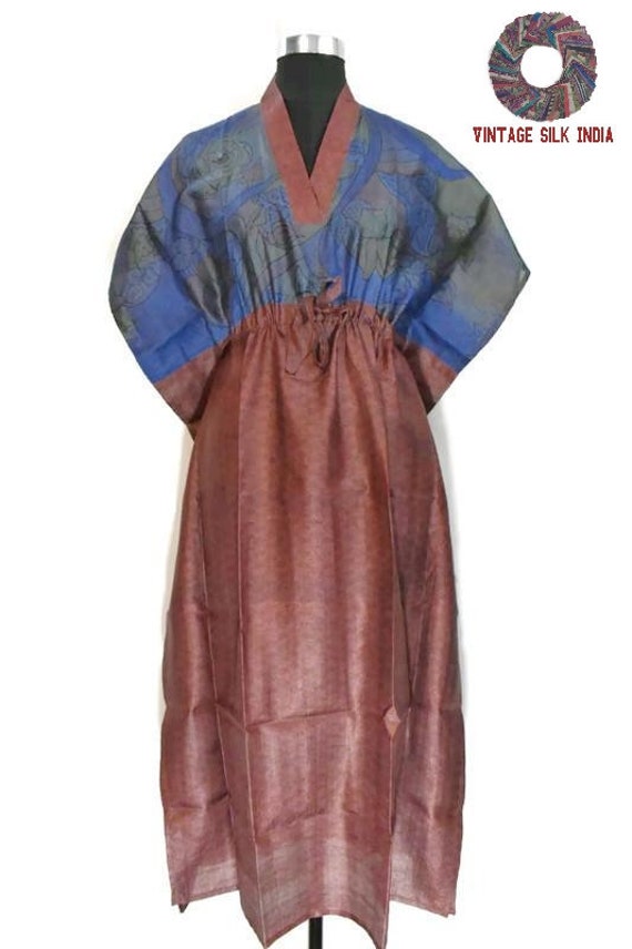 Vintage Silk Kaftan 100% Pure Silk Blue / Brown H… - image 1