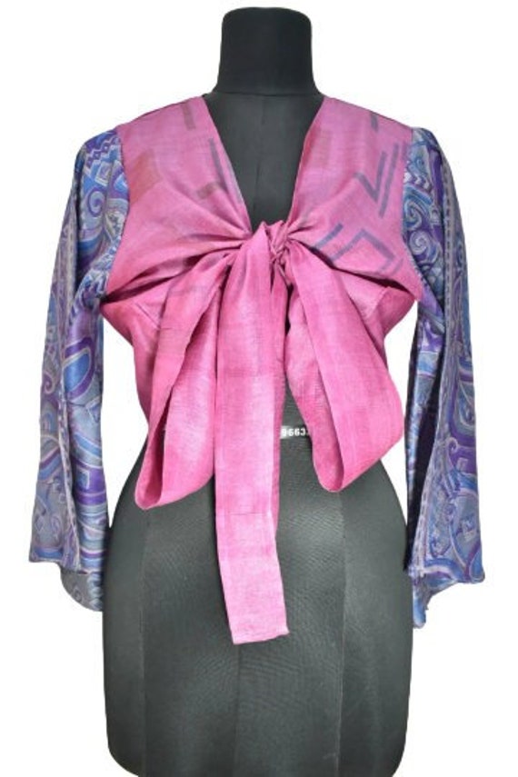 Silk sari purple abstract wrap top bell sleeves bo