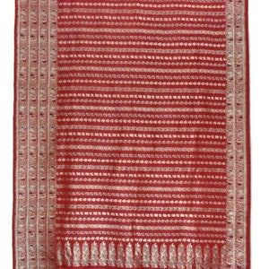 Vintage Satin Saree 100% Pure Silk Banarasi Sari Red Hand Woven Heavy Brocade Weave 5 Yard Indian Craft Fabric. image 2