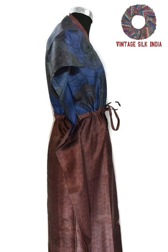 Vintage Silk Kaftan 100% Pure Silk Blue / Brown H… - image 3