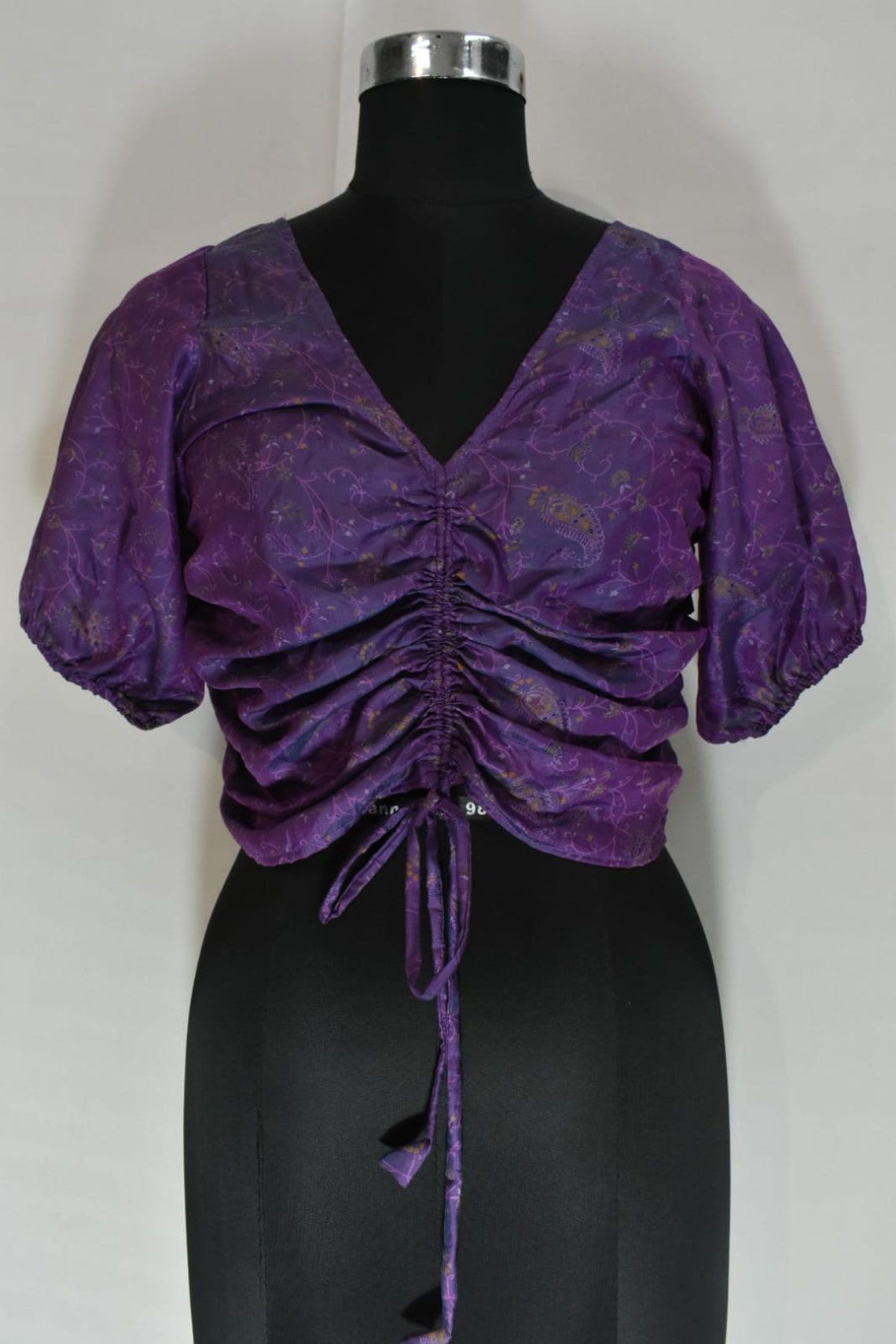 Puff Sleeve Crop Top Vintage Silk Blouse Purple Floral Hand | Etsy