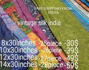 8X30", 10"X30", 12X30" Huge Lot Silk Vintage Sari Fabric remnants scrap bundle quilting journal project.