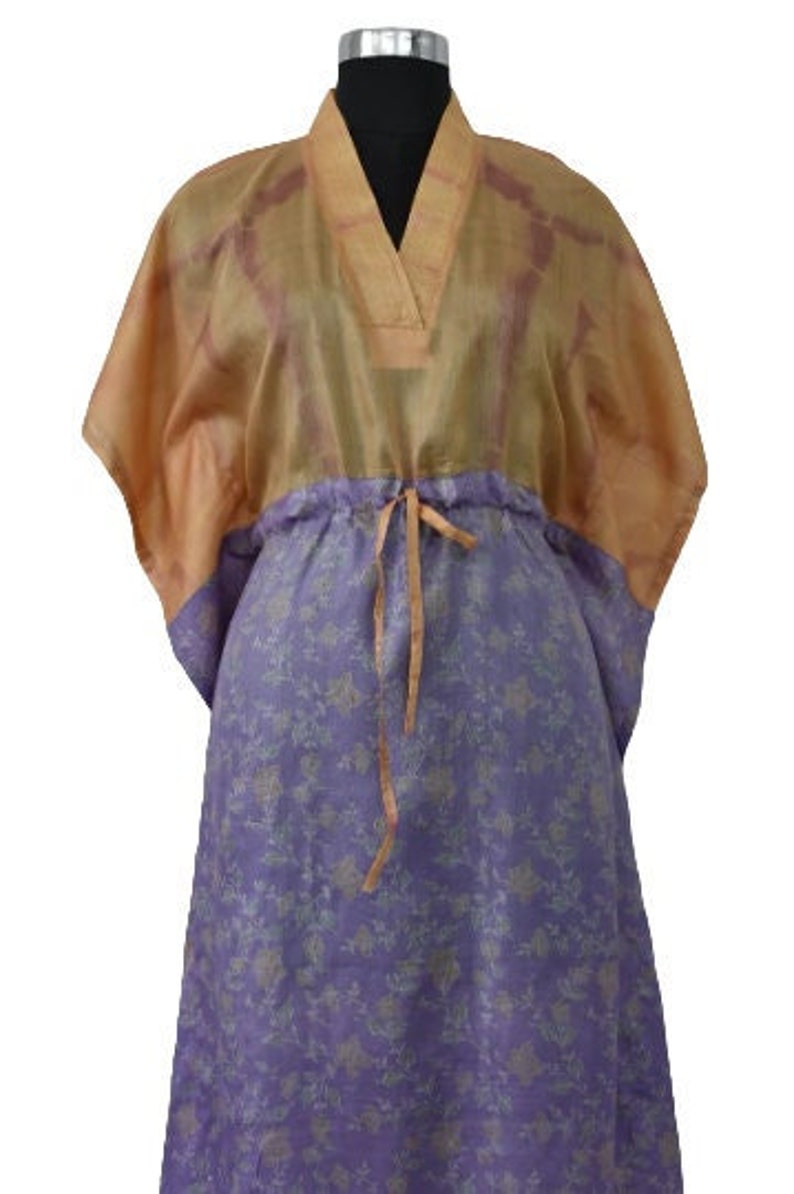 Vintage Silk Kaftan 100% Pure Silk purple and orange Floral Mulberry Silk Plus Size Women Wear Dress / Long Maxi Gown. image 1