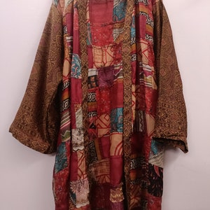 "Colorful women's kimono crafted from luxurious silk in a patchwork style"