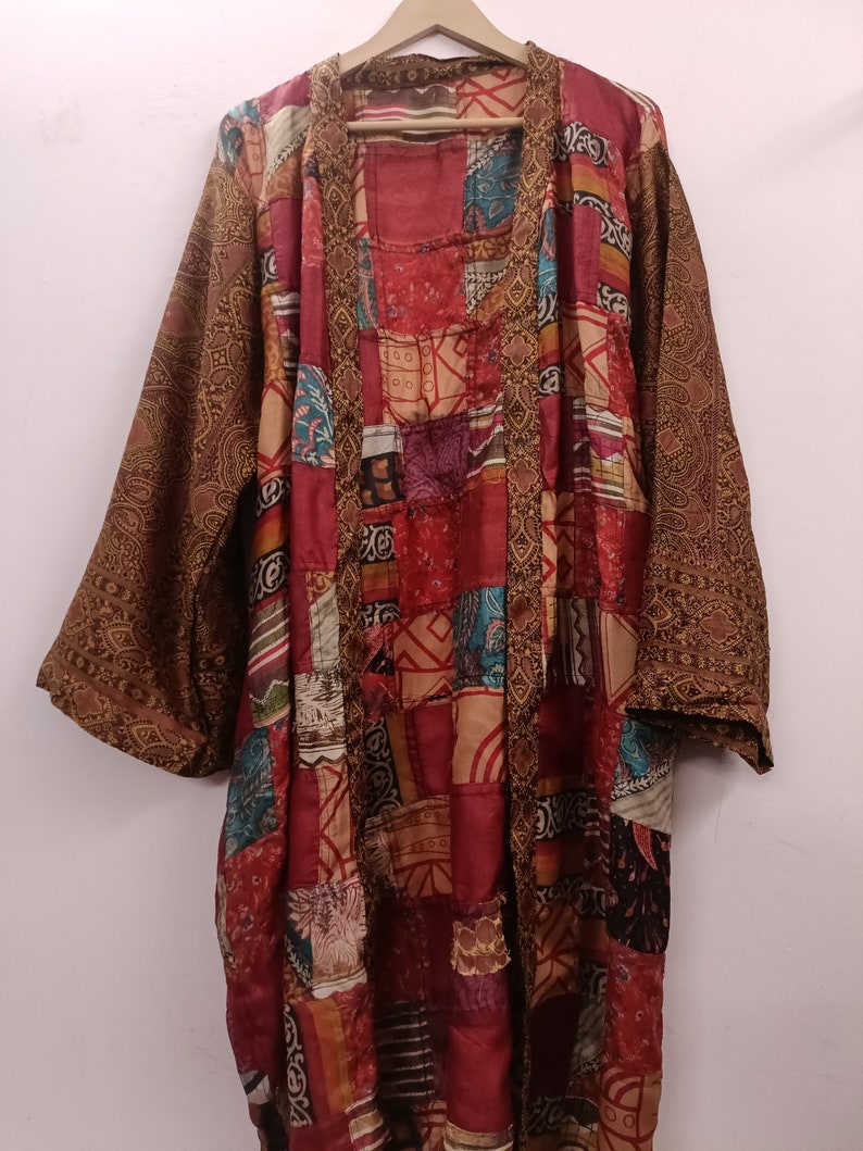 "Colorful women's kimono crafted from luxurious silk in a patchwork style"