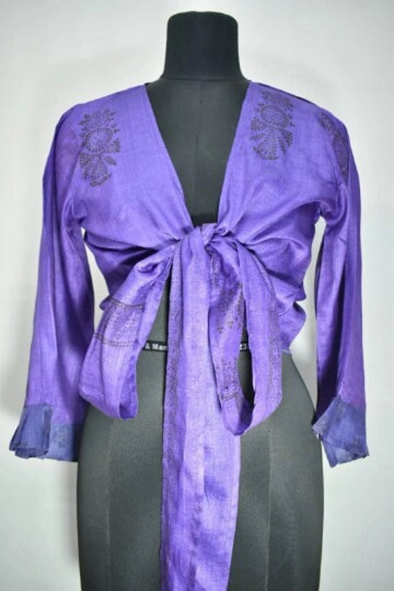 Silk sari light purple floral print wrap top bell 