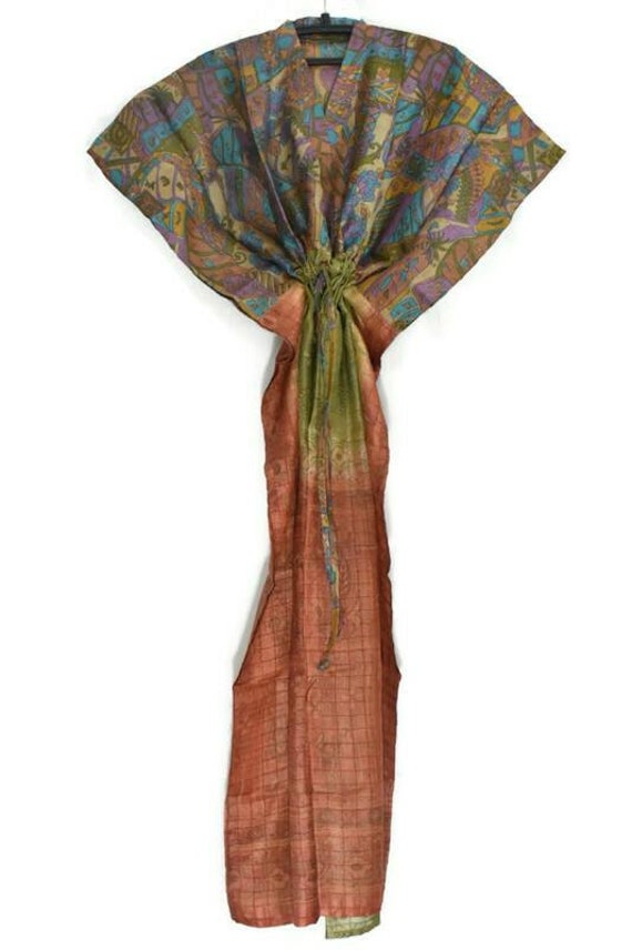 Vintage Silk Kaftan: Hand Printed Long Maxi Gown … - image 4