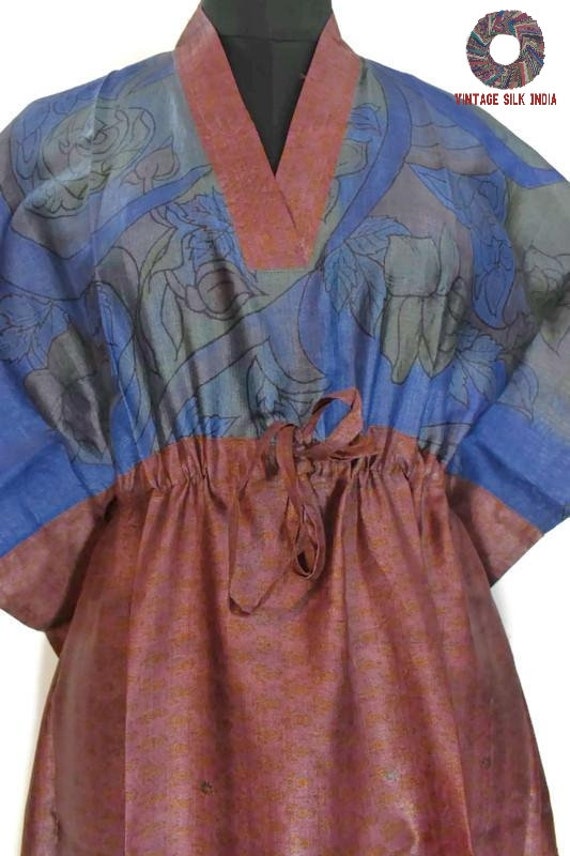 Vintage Silk Kaftan 100% Pure Silk Blue / Brown H… - image 2