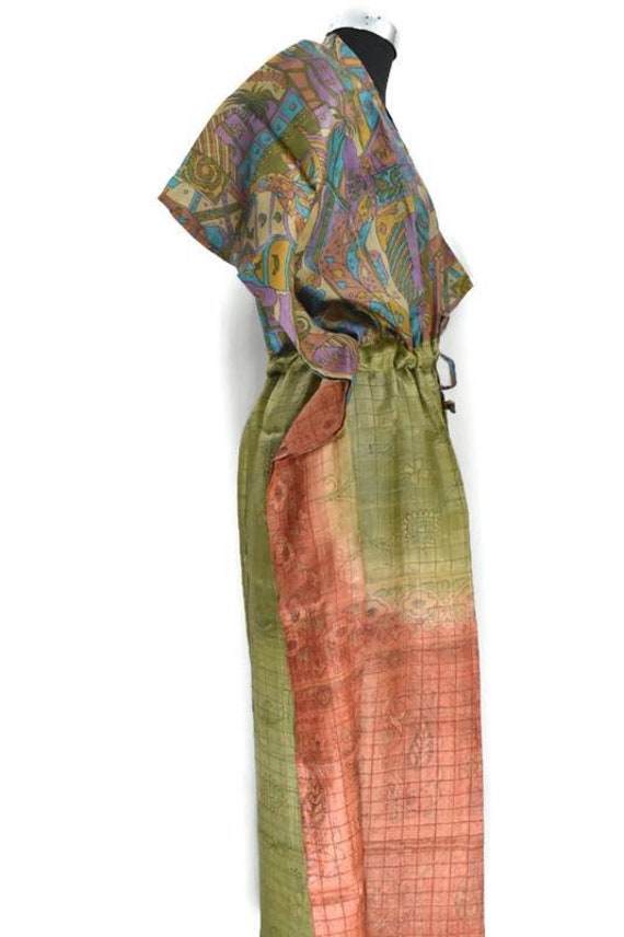 Vintage Silk Kaftan: Hand Printed Long Maxi Gown … - image 2