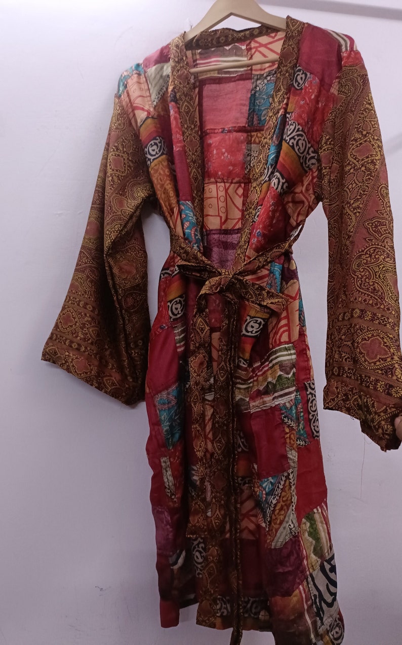 "Fashion-forward women's kimono in a stunning silk patchwork design"