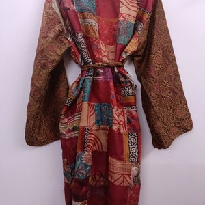 "Chic women's kimono featuring intricate patchwork details in silk"