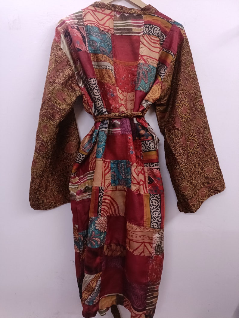 "Chic women's kimono featuring intricate patchwork details in silk"