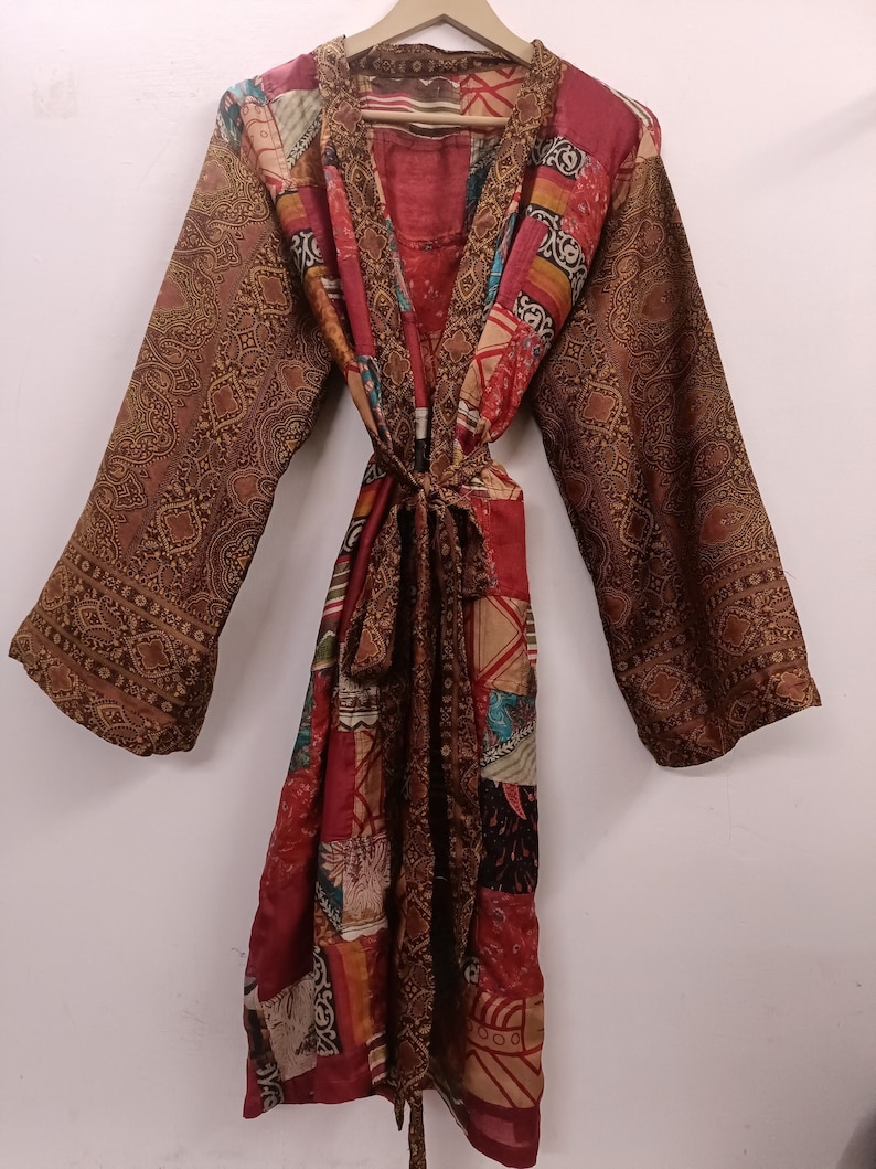 "Vibrant patchwork silk kimono with a kaleidoscope of colors"