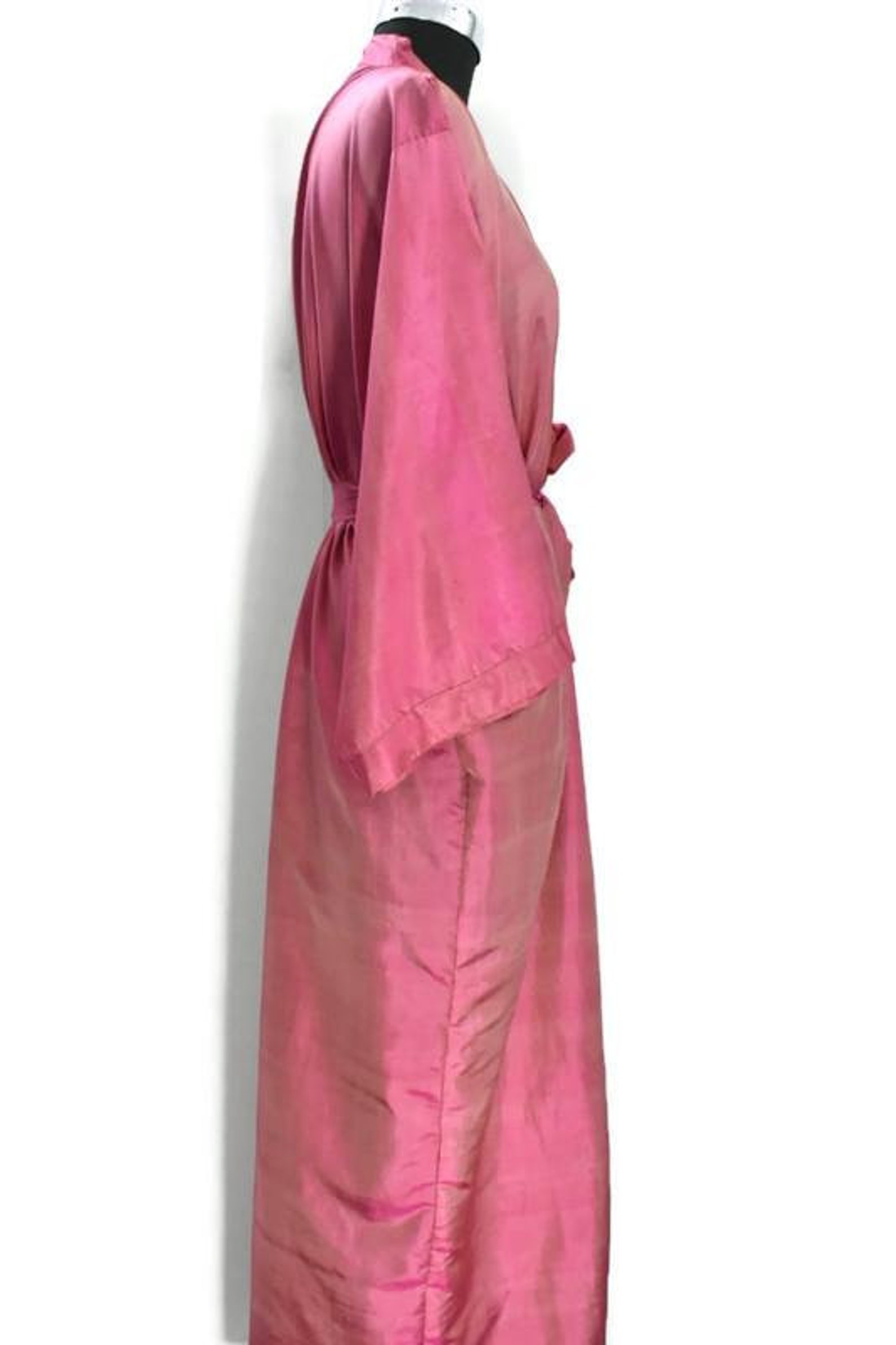 Long Silk Kimono Robe Plain Pink/gold Two Tone Dressing Gown Etsy