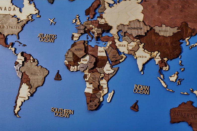 3D Wooden World Map PANEL Etsy