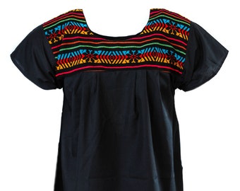 Black RHOMBUS Pattern Mexican Top Blouse with Colorful Pattern Short Sleeves Boho Style Flowy Loose Mexico Blouses