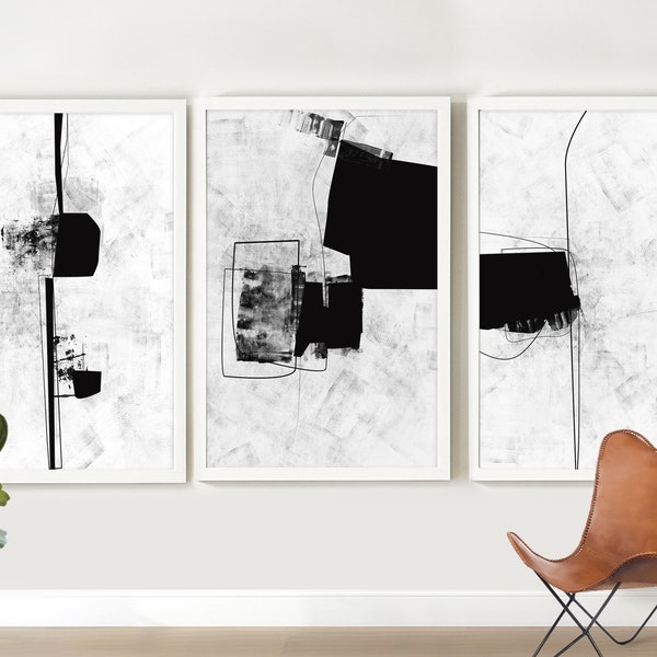 Abstract Art Set of 3 Prints, Black White Art Prints, 24x36 Wall Art, Modern Minimalist Home Decor, Digital Download, Scandinavian Art Print