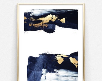 Navy Wall Art, 24x36 Abstract Print, Digital Instant Download, Gold Art Print, Abstract Painting, Blue Living Room Decor, Original Artwork