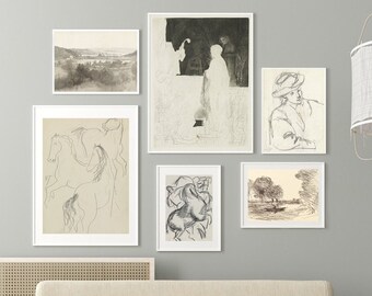 Set of 6 Digital Art Prints, Instant Download, Printable Art, Vintage Sketches Set, Horse Print, Portrait Print, Beige and Black Prints