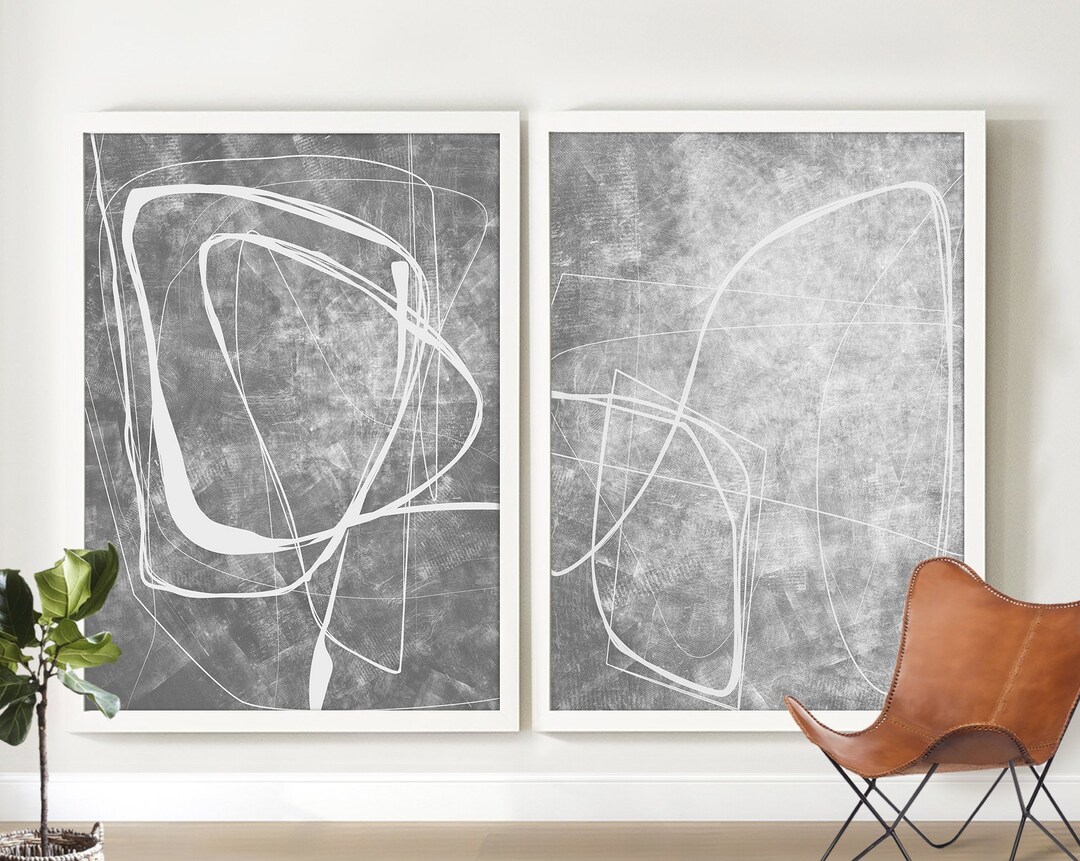 Abstract Art Set of 2, Gray White Painting, Abstract Art Print, Large