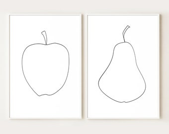 Kitchen Wall Decor, Set of 2 Art Prints, Apple Pear Print, Fruit Art Print, Line Art, Dining Room Art, Scandinavian Decor, Nordic Art Poster