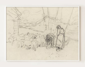 Vintage Pencil Drawing, Vintage Sketch, Simple Art Print, Neutral Art, Pencil Sketch Art Print, Countryside, Sheep with Shepherdess, Nature