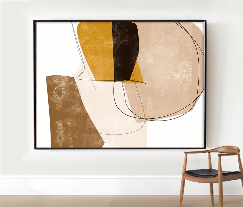 Large Abstract, Minimal Art, Brown Gray Print, Warm Earth Tone Decor, Interior Design, Digital Print, Office Wall Art, Mustard Yellow Decor image 1