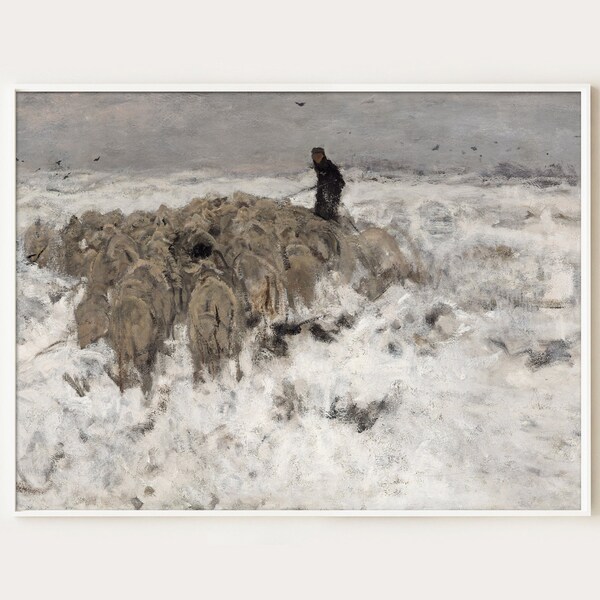 Muted Colors Painting, Vintage Oil Painting, Shepherd with Sheep, Snow Landscape, Grey Beige Wall Art, Neutral Tone Painting, Digital Print