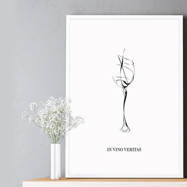 Citation Imprimeurs, Latin Phrase Saying Poster, In Vino Veritas, Abstract Wine Glass, Kitchen Wall Art, Kitchen Prints, Drawing Illustration Print