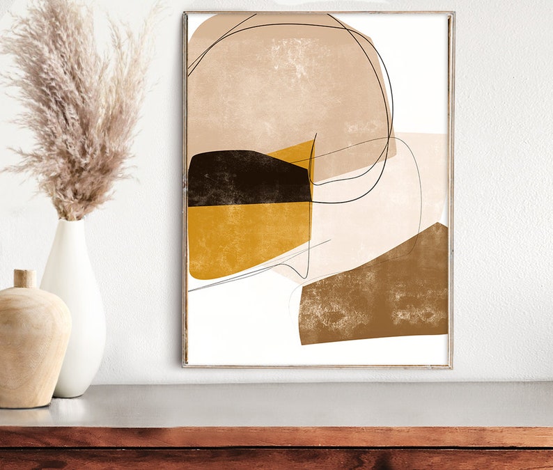 Large Abstract, Minimal Art, Brown Gray Print, Warm Earth Tone Decor, Interior Design, Digital Print, Office Wall Art, Mustard Yellow Decor image 2