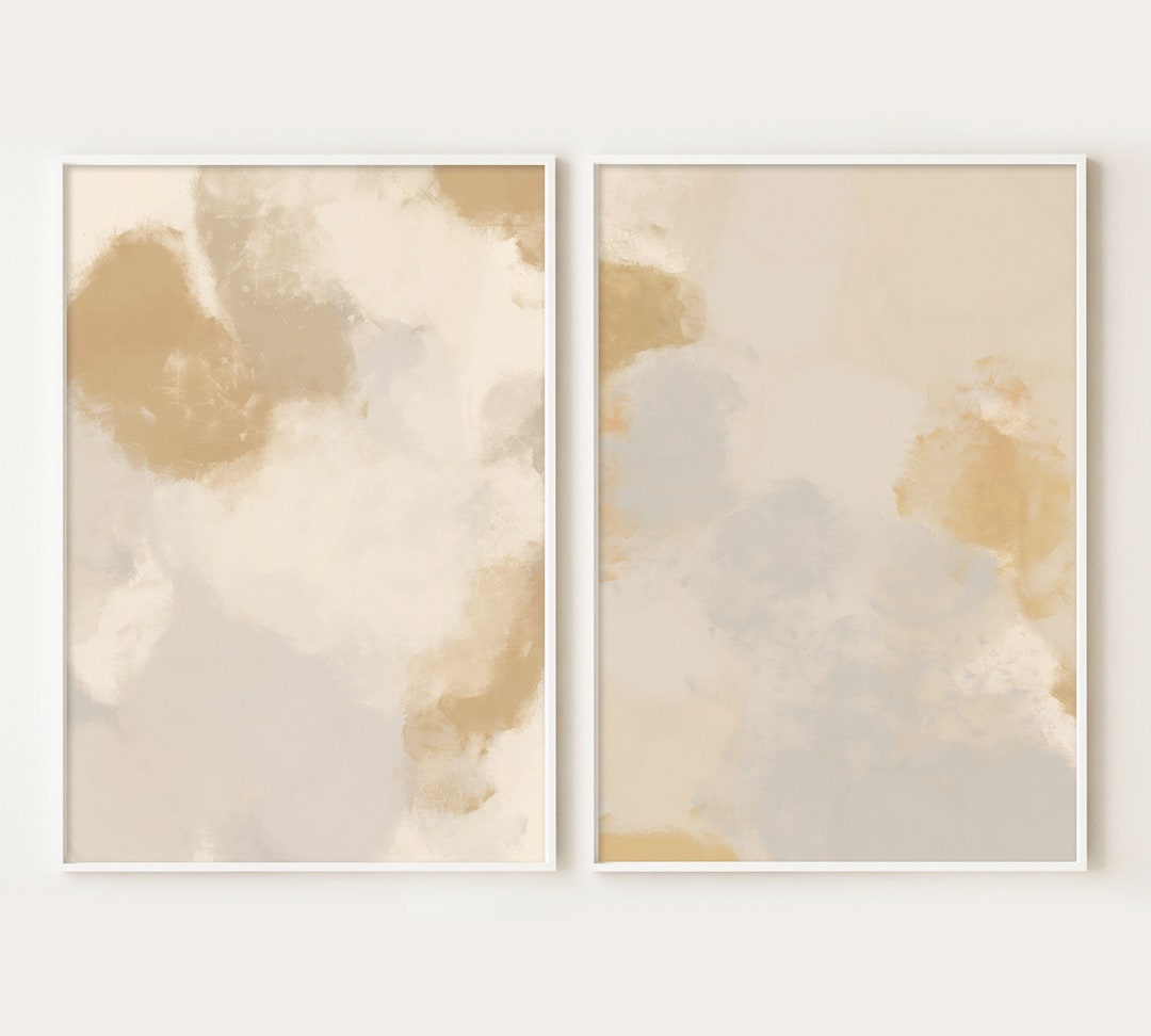 Abstract Art Set of 2, Mustard Yellow Wall Art, Beige Art Print, Set of